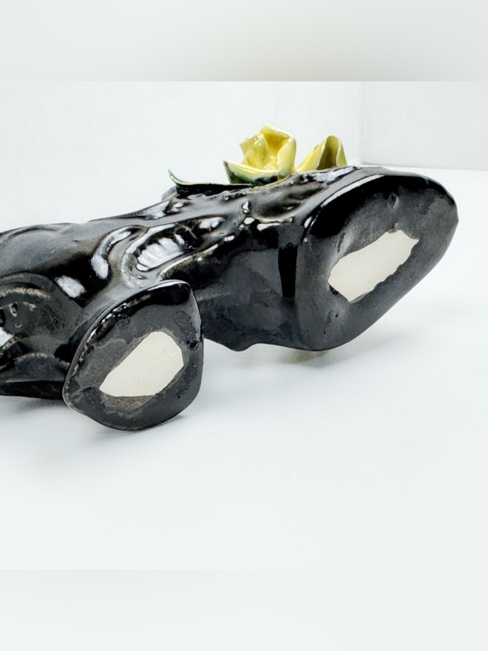 Vintage Ceramic Black High Heel Shoe Figurine Planter Yellow Rose 6” - Picture 13 of 13